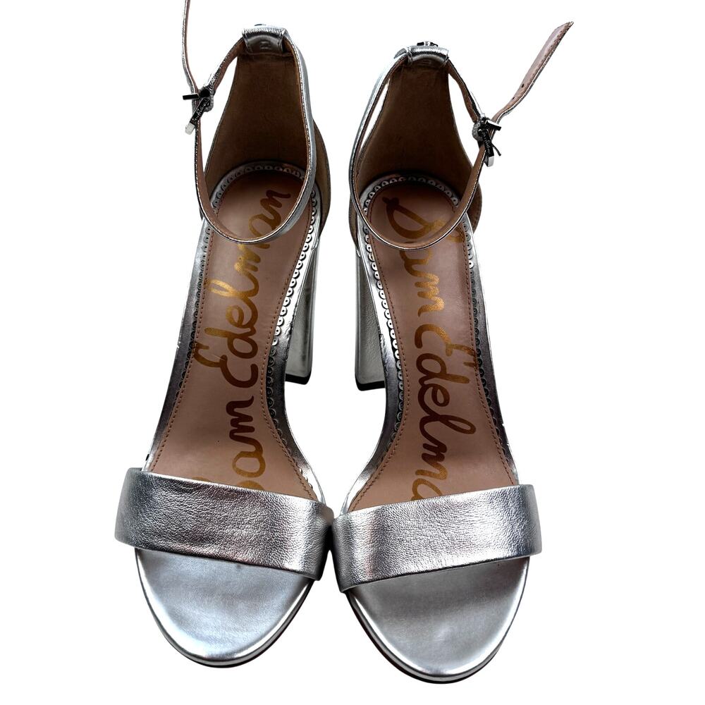 Sam Edelman Yaro Silver Metallic Leather Heels Sandals Women's Size 8.5 W Wide